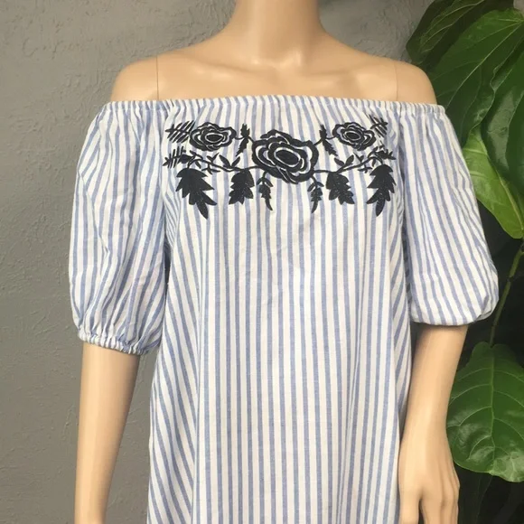 Vintage Blue & White Striped Embroidered Dress - Picture 2 of 11